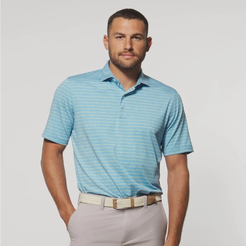 johnnie-O Newton Striped Jersey Performance Polo Baja Blue Orange Mens L Golf